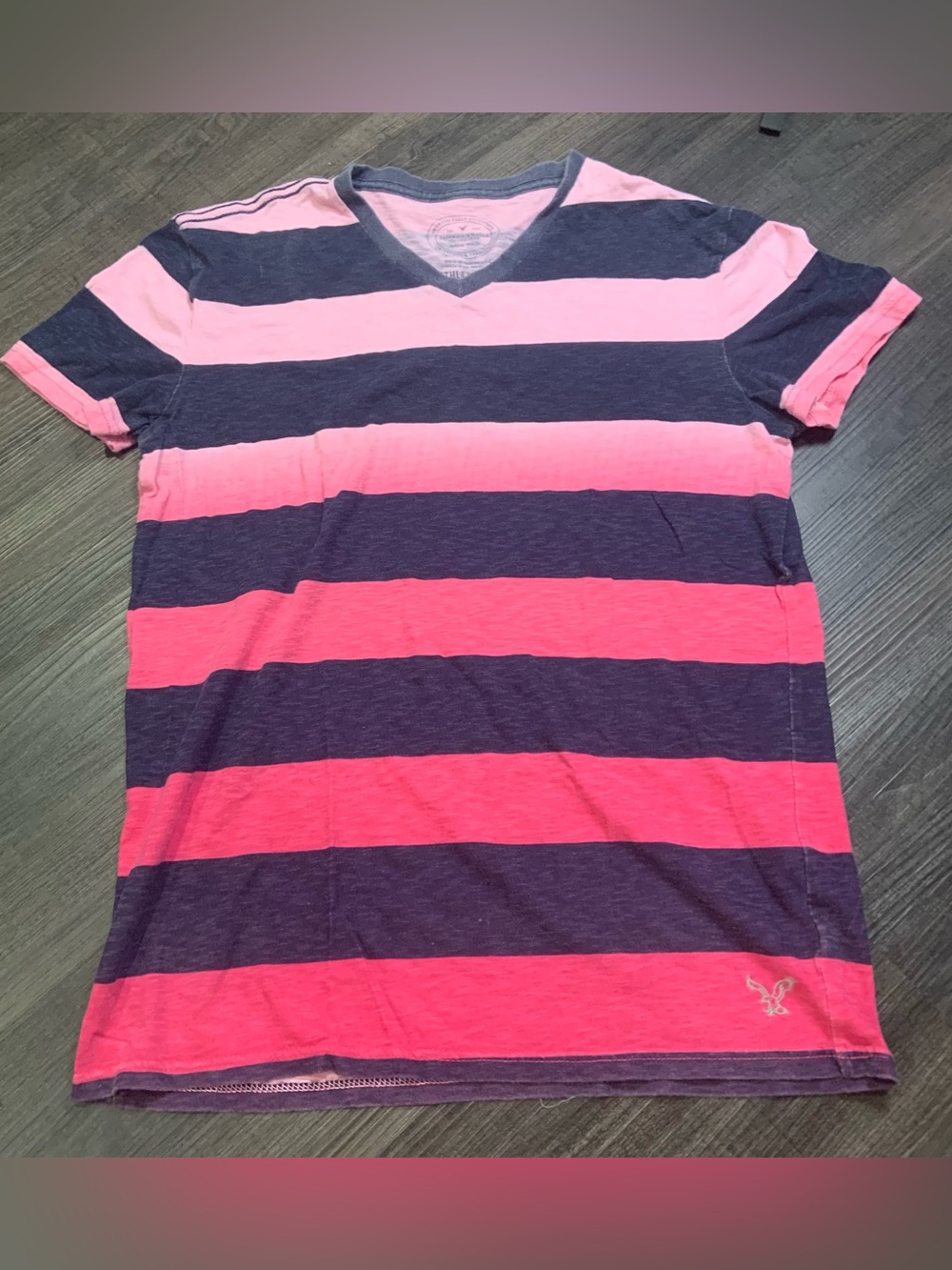 American Eagle Outfitters Pink and Navy Striped V-Neck Tee